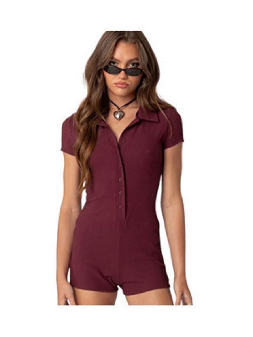 Edikted Maroon Polo Button-Front Short Romper